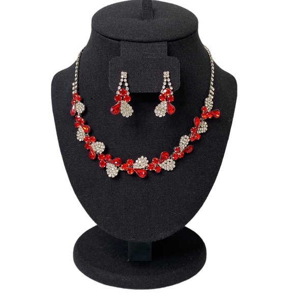 nOir Red Pear Rhinestone Necklace & Drop Earring Set Post Back Formal Wedding - Picture 1 of 16
